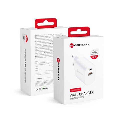Forcell Travel Charger with USB C and USB A sockets - 3A 30W with PD and Quick Charge 4.0 function