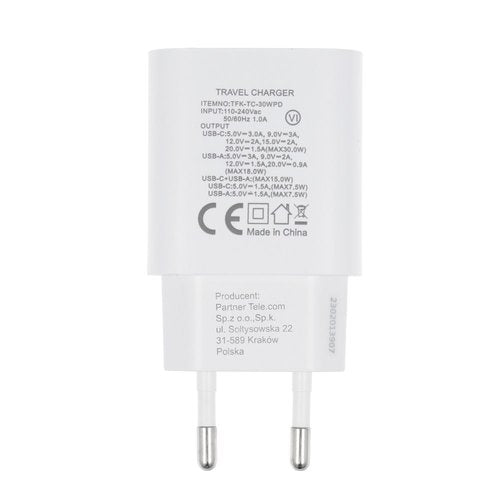 Forcell Travel Charger with USB C and USB A sockets - 3A 30W with PD and Quick Charge 4.0 function