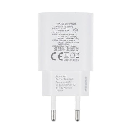 Forcell Travel Charger with USB C and USB A sockets - 3A 30W with PD and Quick Charge 4.0 function